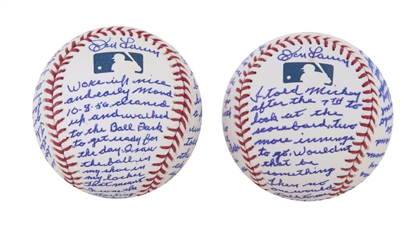 Lot of (2) Don Larsen Signed Handwritten World Series Perfect Game Story OML Baseballs - The Most Extensive Larsen Story Inscription Baseballs Known (JSA)
